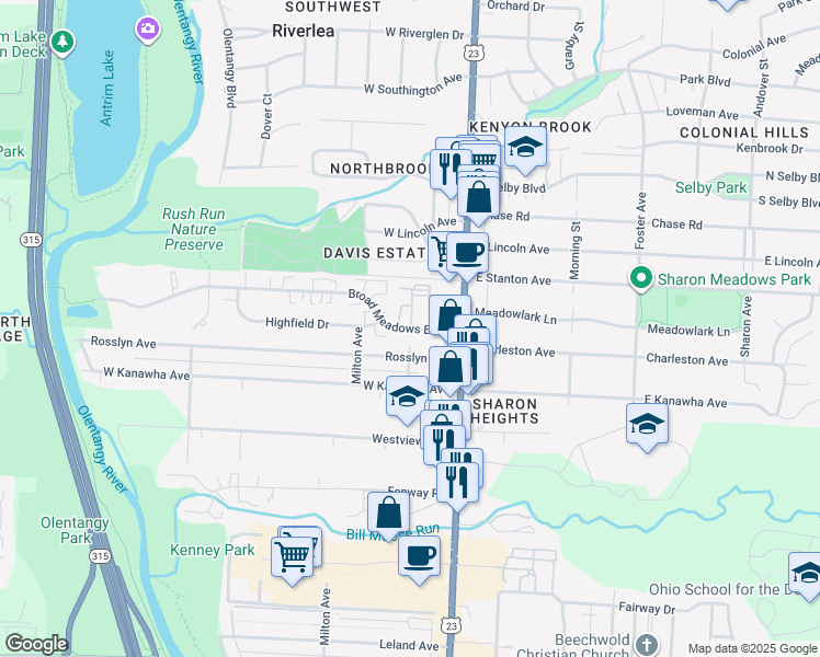 map of restaurants, bars, coffee shops, grocery stores, and more near 52 Rosslyn Avenue in Columbus