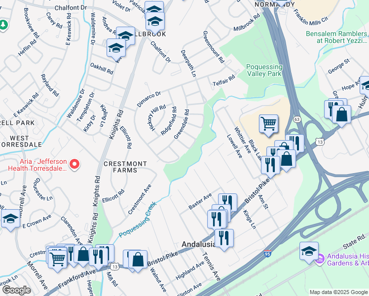 map of restaurants, bars, coffee shops, grocery stores, and more near 228 Nauldo Road in Philadelphia