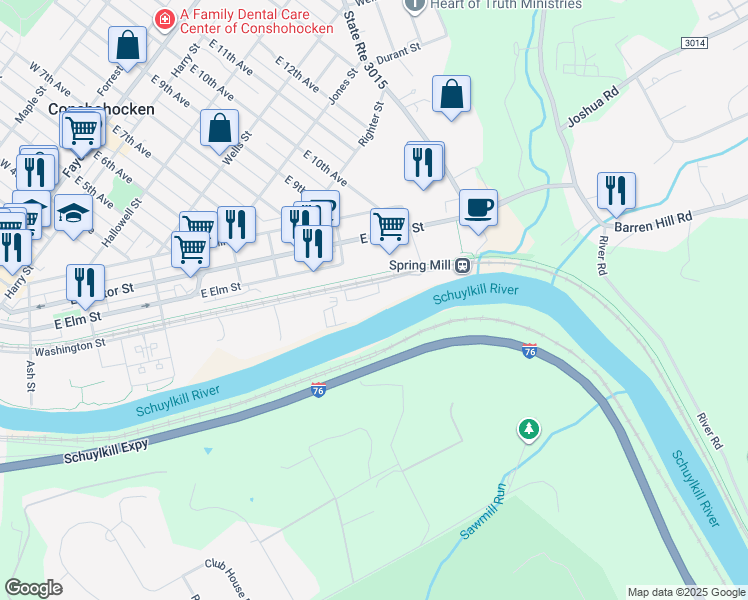 map of restaurants, bars, coffee shops, grocery stores, and more near 949 Riverplace Drive in Conshohocken