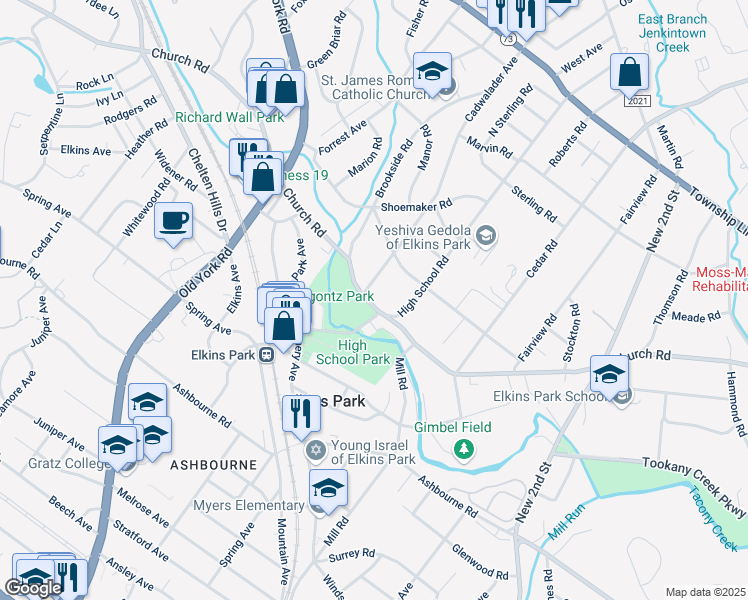 map of restaurants, bars, coffee shops, grocery stores, and more near 415 Church Road in Montgomery County