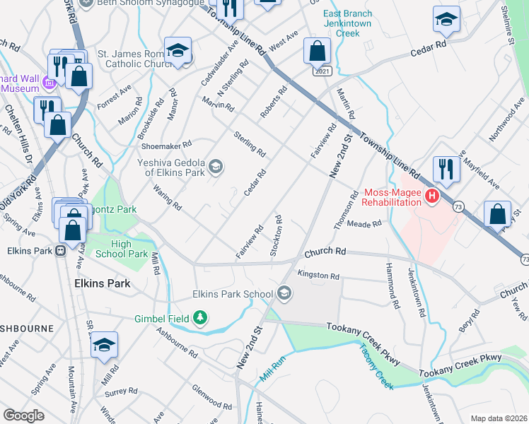 map of restaurants, bars, coffee shops, grocery stores, and more near 8211 Fairview Road in Elkins Park