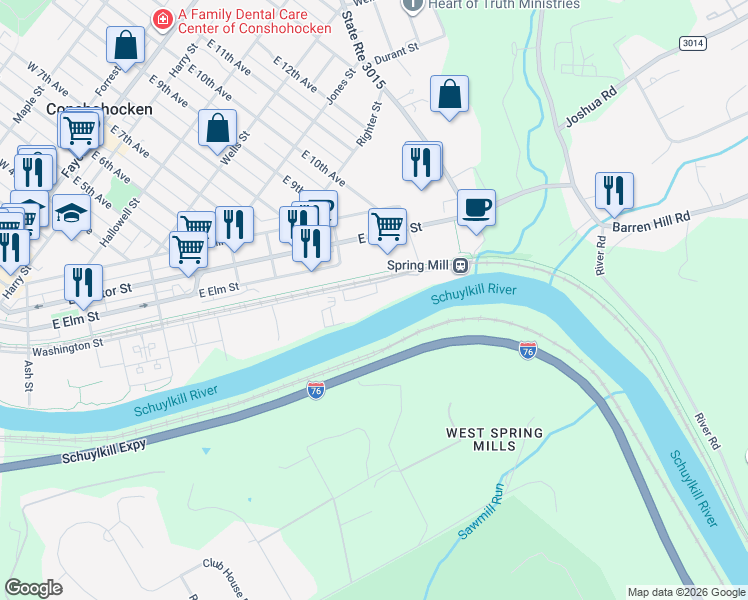 map of restaurants, bars, coffee shops, grocery stores, and more near 901 Washington St in Conshohocken