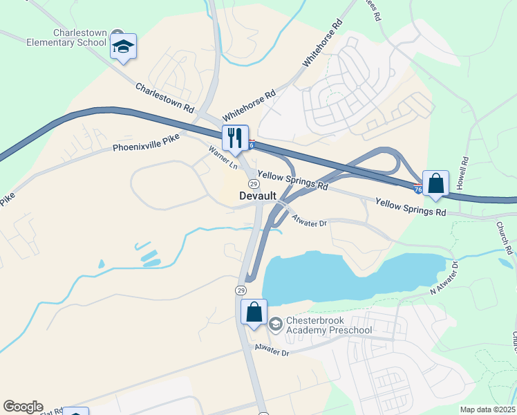 map of restaurants, bars, coffee shops, grocery stores, and more near 696 Charlestown Road in Malvern