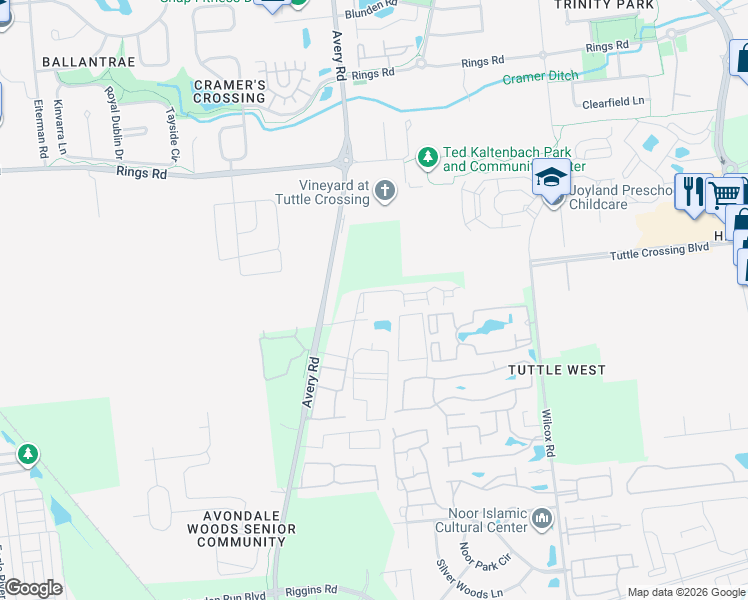 map of restaurants, bars, coffee shops, grocery stores, and more near 5235 Avery Run Road in Dublin