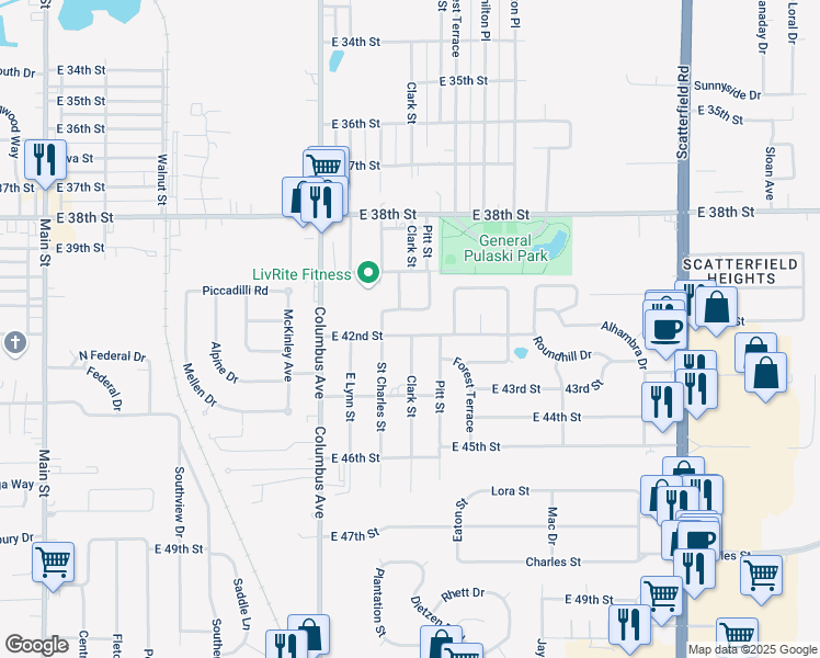 map of restaurants, bars, coffee shops, grocery stores, and more near 1228 East 42nd Street in Anderson