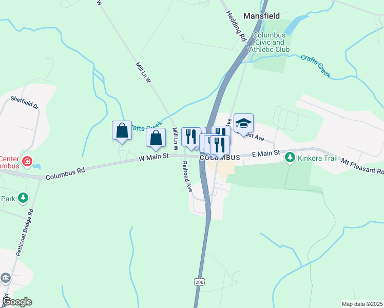 map of restaurants, bars, coffee shops, grocery stores, and more near 24394 West Main Street in Mansfield