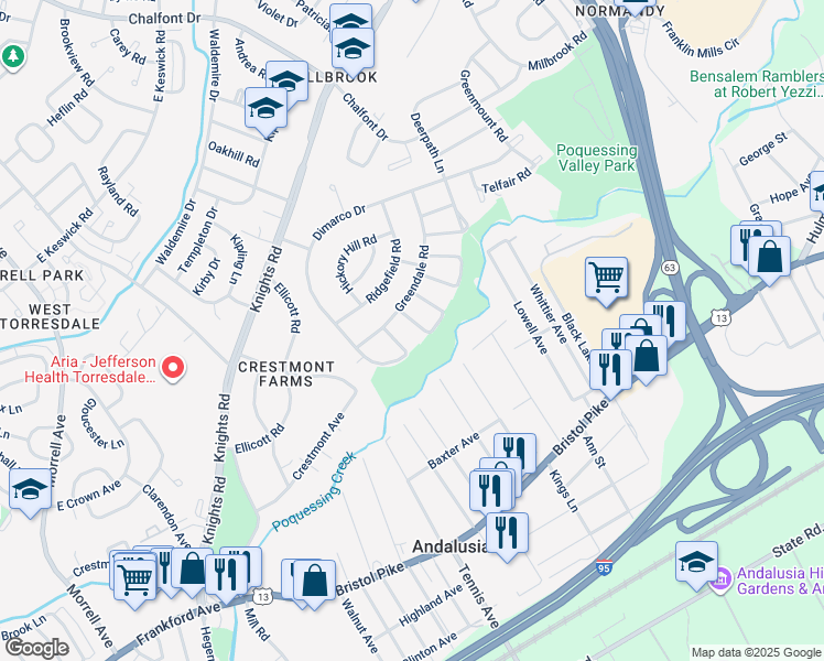 map of restaurants, bars, coffee shops, grocery stores, and more near 222 Nauldo Road in Philadelphia