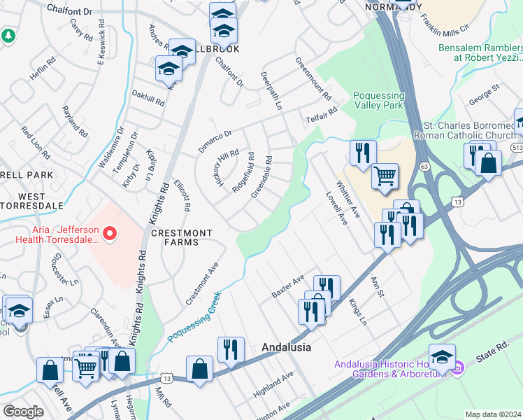 map of restaurants, bars, coffee shops, grocery stores, and more near 222 Nauldo Road in Philadelphia