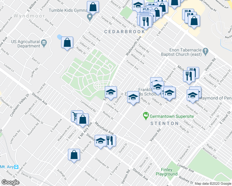 map of restaurants, bars, coffee shops, grocery stores, and more near 1138 East Mount Airy Avenue in Philadelphia