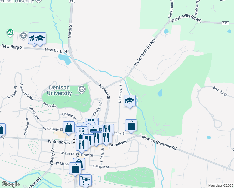 map of restaurants, bars, coffee shops, grocery stores, and more near 425 North Granger Street in Granville