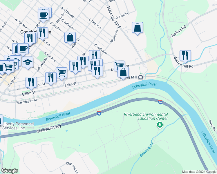 map of restaurants, bars, coffee shops, grocery stores, and more near 906 Riverplace Drive in Conshohocken