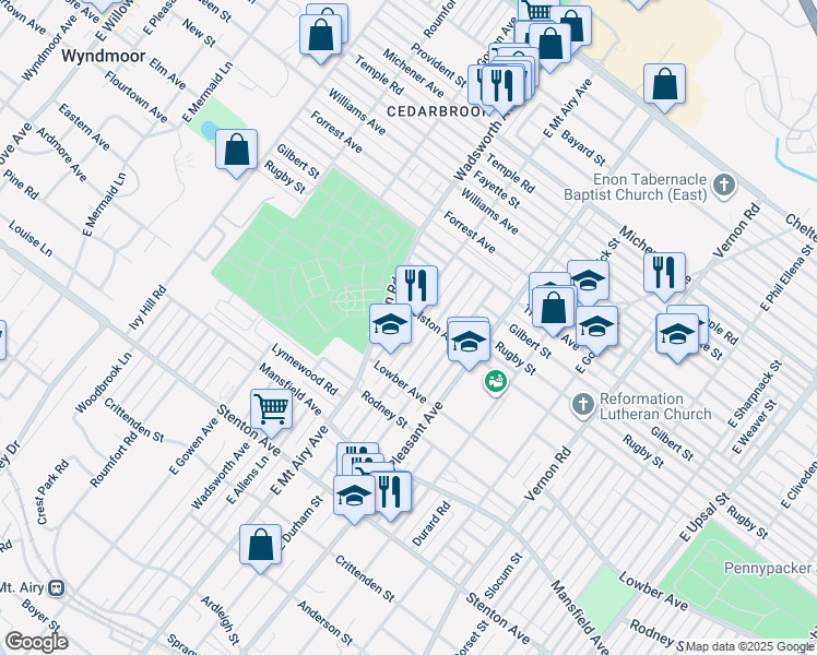 map of restaurants, bars, coffee shops, grocery stores, and more near 1138 East Mount Airy Avenue in Philadelphia