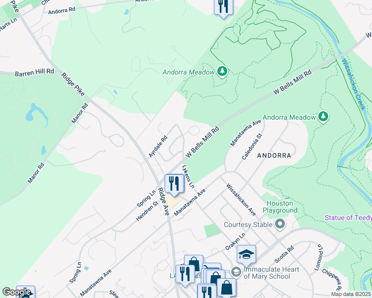 map of restaurants, bars, coffee shops, grocery stores, and more near 9025 Lykens Lane in Philadelphia