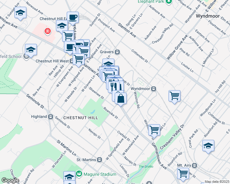 map of restaurants, bars, coffee shops, grocery stores, and more near 8131 Germantown Avenue in Philadelphia