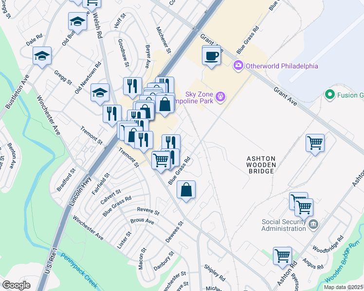 map of restaurants, bars, coffee shops, grocery stores, and more near 38 Bonnie Gellman Court in Philadelphia