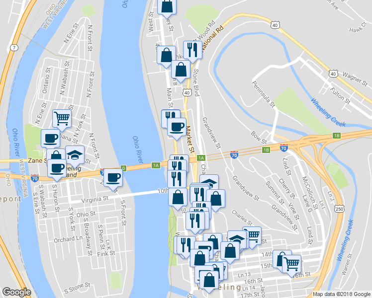 map of restaurants, bars, coffee shops, grocery stores, and more near 827 Market Street in Wheeling