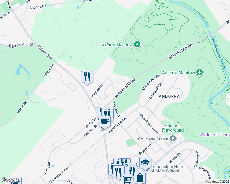 map of restaurants, bars, coffee shops, grocery stores, and more near 9025 Lykens Lane in Philadelphia