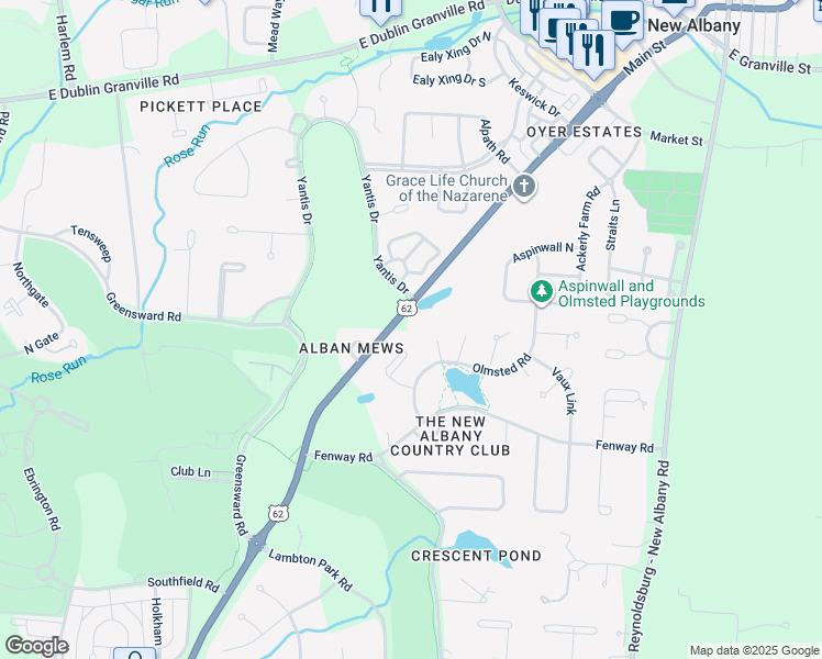map of restaurants, bars, coffee shops, grocery stores, and more near 5760 Johnstown Road in New Albany