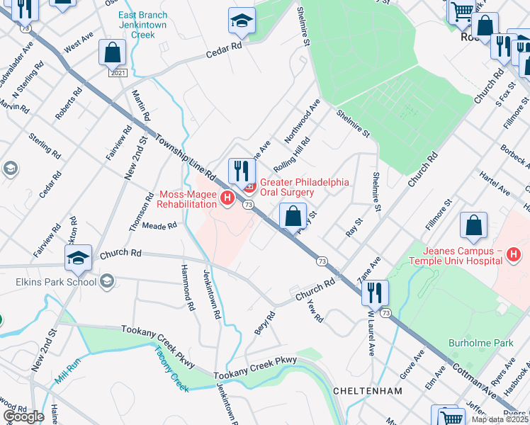 map of restaurants, bars, coffee shops, grocery stores, and more near 106 Susan Drive in Elkins Park