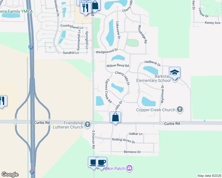 map of restaurants, bars, coffee shops, grocery stores, and more near 3304 Cypress Creek Road in Champaign
