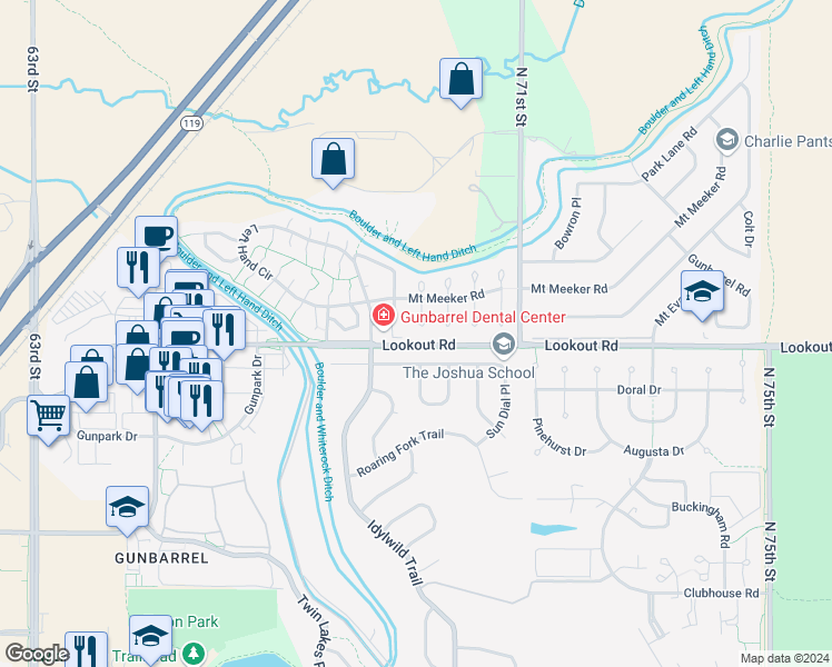 map of restaurants, bars, coffee shops, grocery stores, and more near 6921 Harvest Road in Boulder