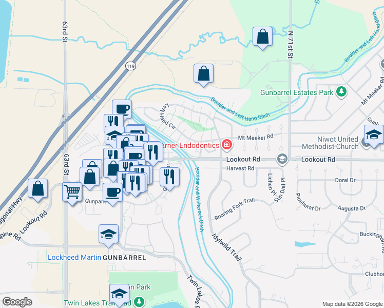 map of restaurants, bars, coffee shops, grocery stores, and more near 6712 Lookout Road in Boulder