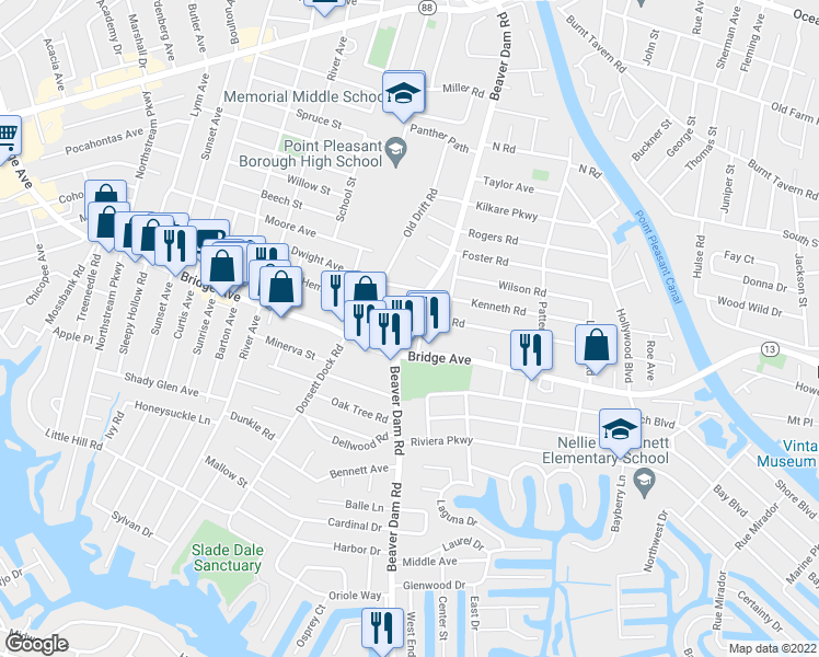 map of restaurants, bars, coffee shops, grocery stores, and more near 2253 Bridge Avenue in Point Pleasant