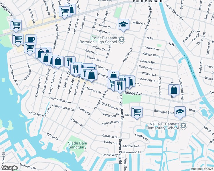 map of restaurants, bars, coffee shops, grocery stores, and more near 1306 Dorset Dock Road in Point Pleasant