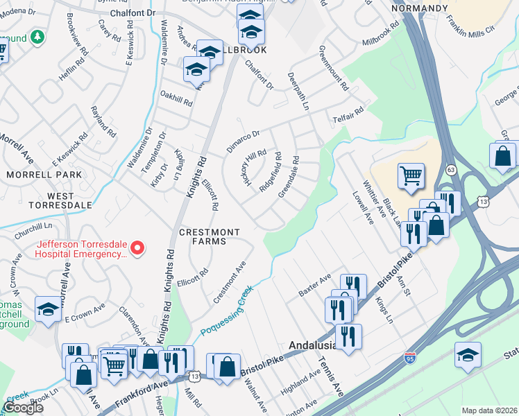 map of restaurants, bars, coffee shops, grocery stores, and more near 147 Dimarco Drive in Philadelphia