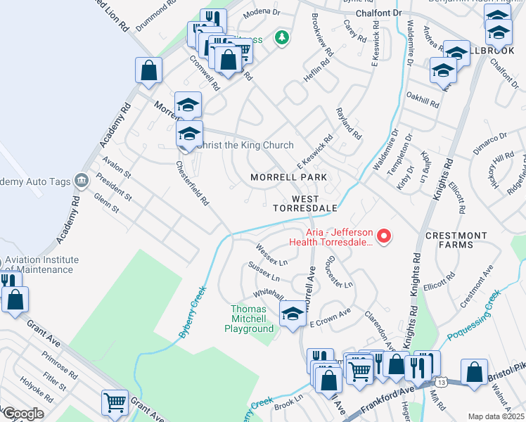 map of restaurants, bars, coffee shops, grocery stores, and more near 3280 Morrell Avenue in Philadelphia
