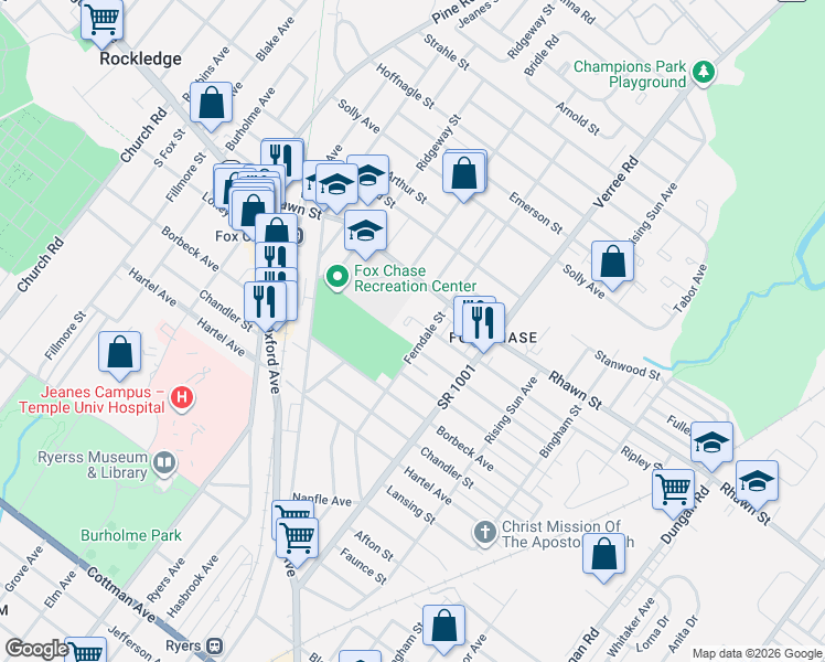 map of restaurants, bars, coffee shops, grocery stores, and more near 7930 Ferndale Street in Philadelphia