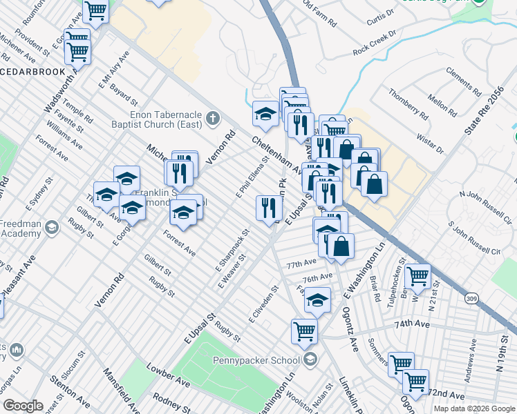 map of restaurants, bars, coffee shops, grocery stores, and more near 7824 Provident Road in Philadelphia
