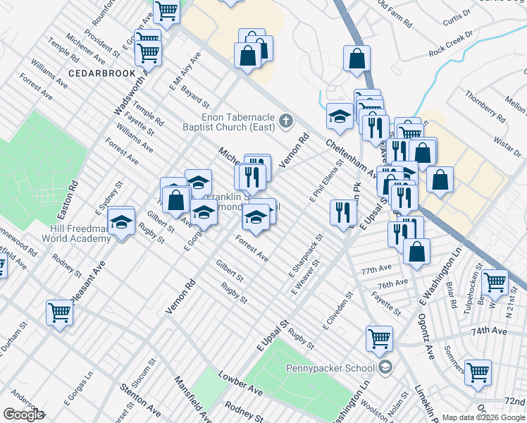 map of restaurants, bars, coffee shops, grocery stores, and more near 7947 Williams Avenue in Philadelphia