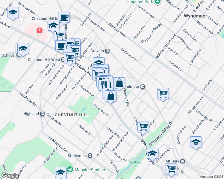map of restaurants, bars, coffee shops, grocery stores, and more near 22 East Abington Avenue in Philadelphia