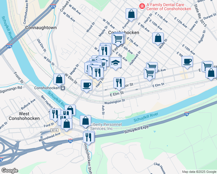 map of restaurants, bars, coffee shops, grocery stores, and more near 203 East Hector Street in Conshohocken