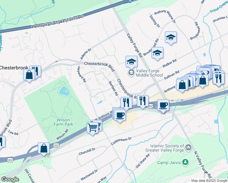 map of restaurants, bars, coffee shops, grocery stores, and more near 330 Headhouse Court in Chesterbrook