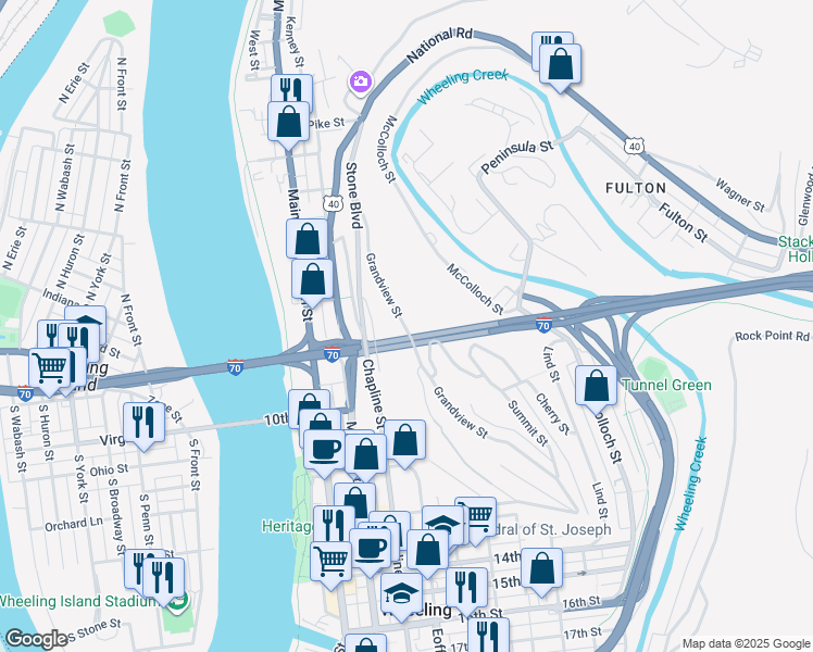 map of restaurants, bars, coffee shops, grocery stores, and more near Wheeling Tunnel in Wheeling