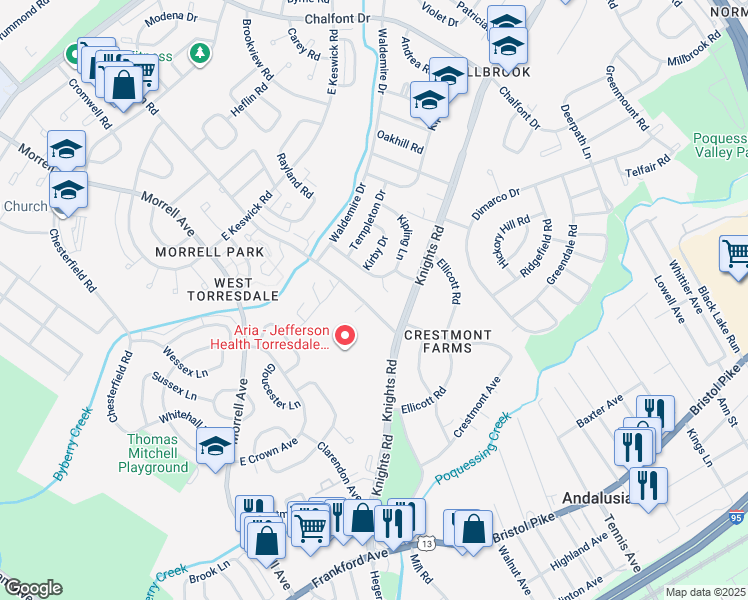 map of restaurants, bars, coffee shops, grocery stores, and more near 3845 Red Lion Road in Philadelphia