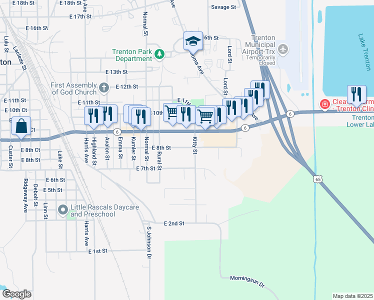 map of restaurants, bars, coffee shops, grocery stores, and more near 701-799 Kitty Street in Trenton