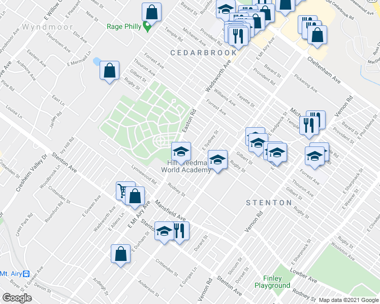 map of restaurants, bars, coffee shops, grocery stores, and more near 1140 East Mount Airy Avenue in Philadelphia