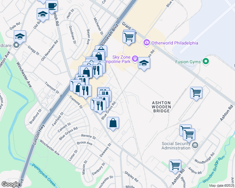 map of restaurants, bars, coffee shops, grocery stores, and more near 9228 Blue Grass Road in Philadelphia