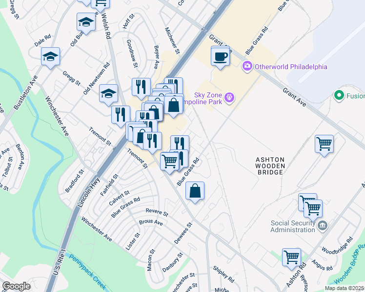 map of restaurants, bars, coffee shops, grocery stores, and more near 36 Bonnie Gellman Court in Philadelphia