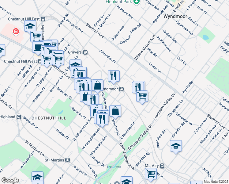 map of restaurants, bars, coffee shops, grocery stores, and more near 214 East Willow Grove Avenue in Philadelphia