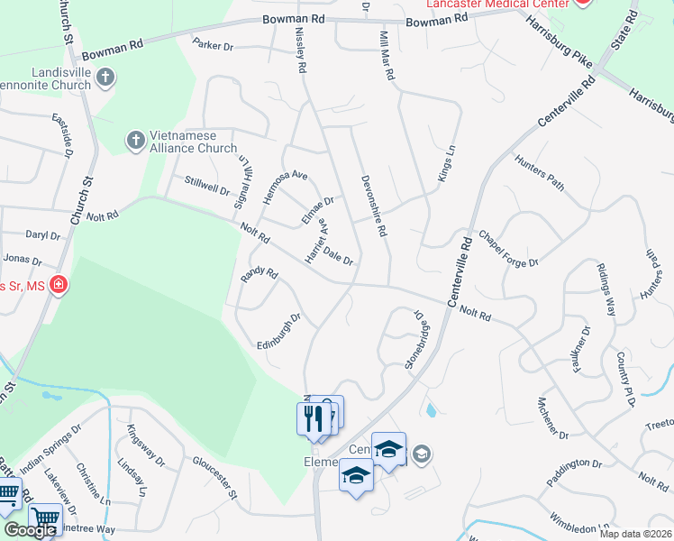 map of restaurants, bars, coffee shops, grocery stores, and more near 3124 Nolt Road in Lancaster