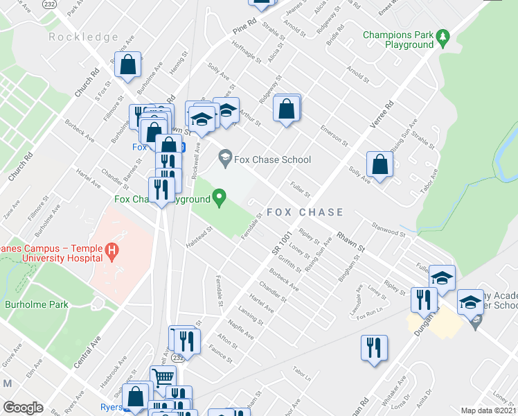 map of restaurants, bars, coffee shops, grocery stores, and more near 7942 Ferndale Street in Philadelphia