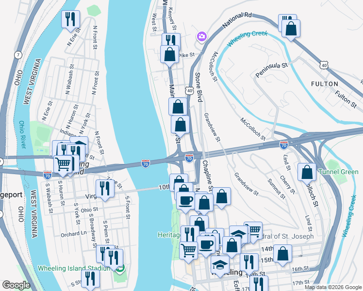 map of restaurants, bars, coffee shops, grocery stores, and more near 824 Main Street in Wheeling
