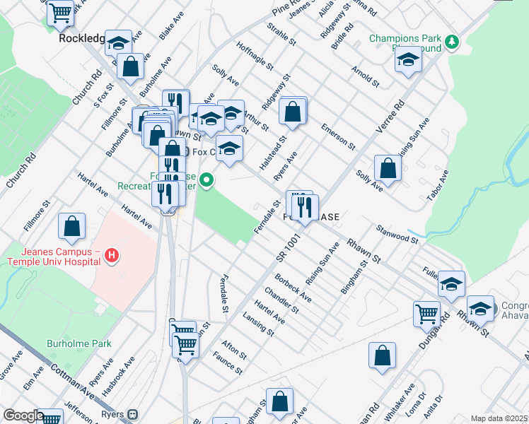 map of restaurants, bars, coffee shops, grocery stores, and more near 7942 Ferndale Street in Philadelphia