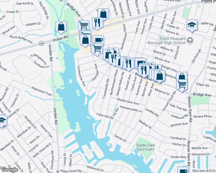 map of restaurants, bars, coffee shops, grocery stores, and more near 1503 Treeneedle Road in Point Pleasant