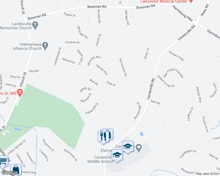 map of restaurants, bars, coffee shops, grocery stores, and more near 3142 Nolt Road in Lancaster