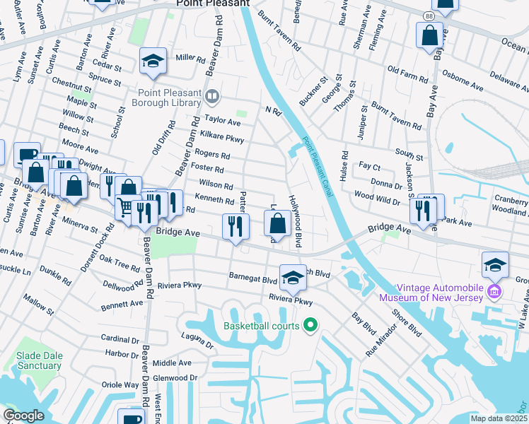 map of restaurants, bars, coffee shops, grocery stores, and more near 2114 Kenneth Road in Point Pleasant